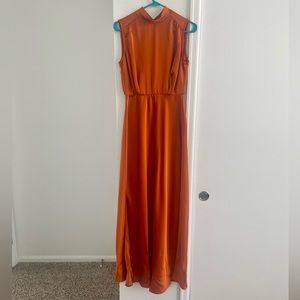 Lulu’s Classic Elegance Copper Satin Sleeveless Mock Neck Maxi Dress